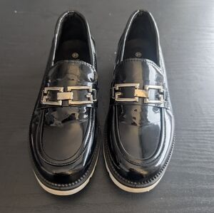 Women's Black Patent Wedge Loafers with Silver Accent Size EUR 37